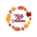 Hello autumn background with autumn leaves. Concept of the autumn vector of nature. Orange and yellow leaf seasonal